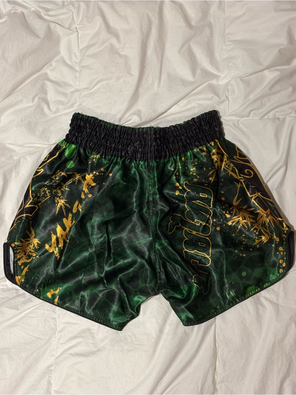 Green & Gold Athletic Muay Thai Shorts with Elastic Waistband